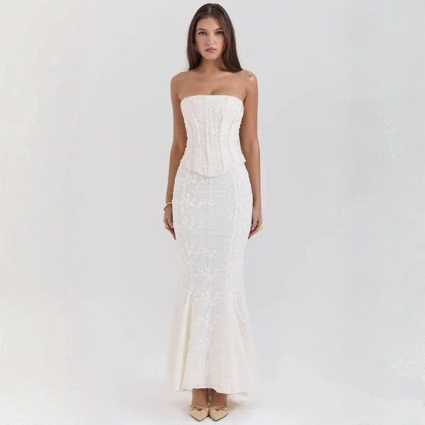 The Erica Structured Embroidered Corset Maxi Strapless Dress