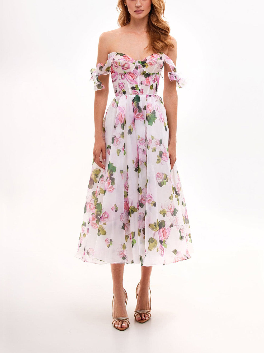 Robe midi à bretelles nouées et à fleurs tendres