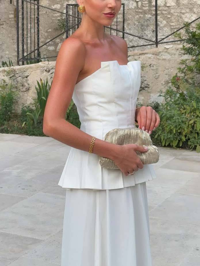 Minimalist Pleated Tube Top And Skirt Set-Top