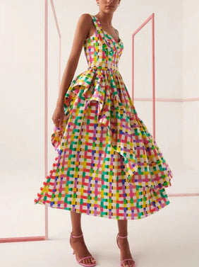 Trägerkleid mit Regenbogen-Karomuster