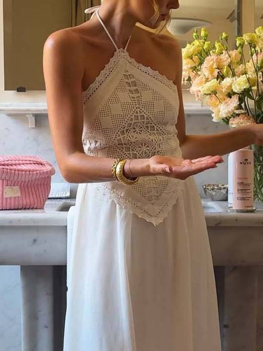 Halter Neck Backless Lace Top And Skirt Set-Top