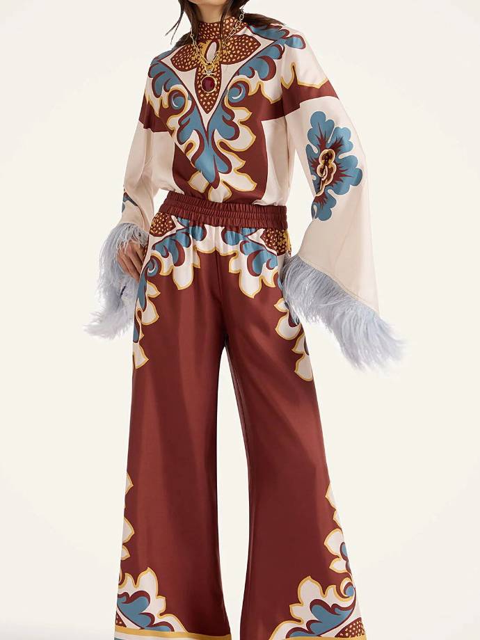 Unique Printed Feather Shirt And Wide Leg Pants Suit-Shirt