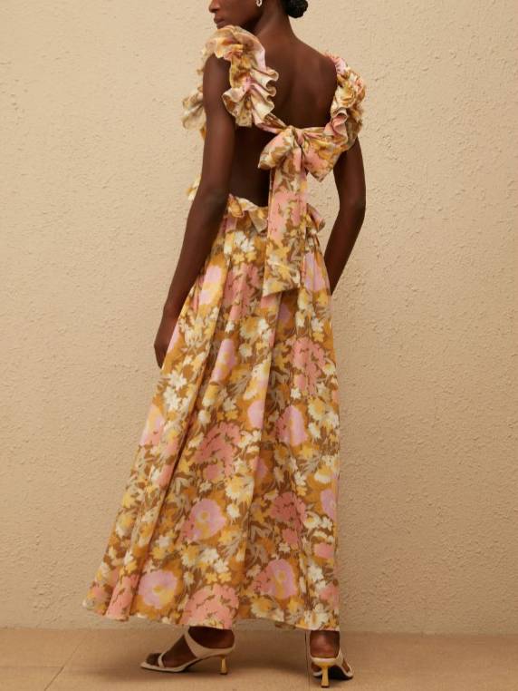 Floral Print Cross Backless Maxi Dress