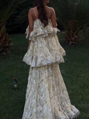 Elegant Floral Ruffled Layered Maxi Dress