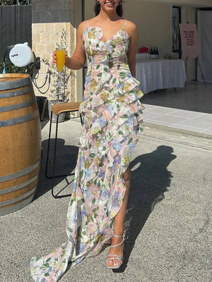 Robe à volants imprimée à bretelles