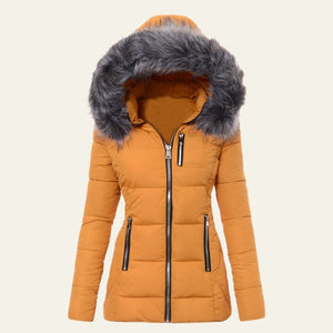 The Aspen Fitted Faux-Fur Hood Puffer Jacket Yellow