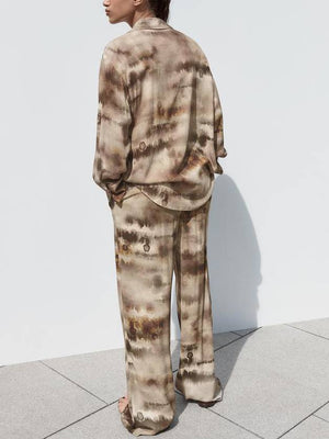 Unique Print Shirt And Wide Leg Pants Suit-Pants