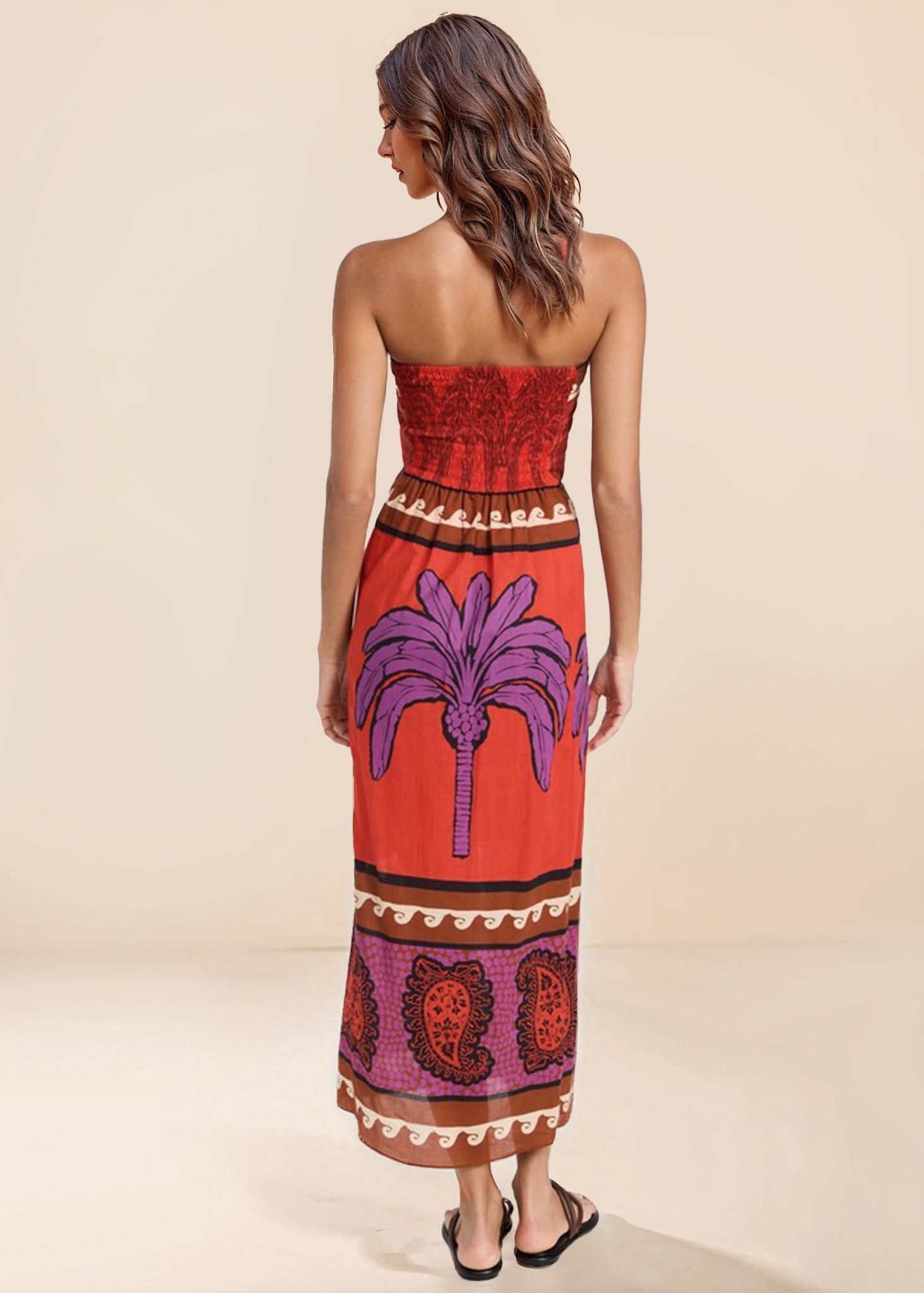 Unique – Schulterfreies Midikleid mit Palmen-Blumenmuster