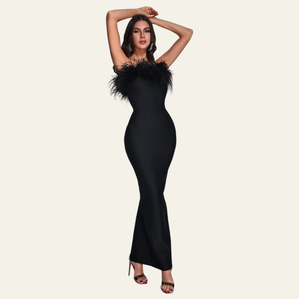 The St. Moritz Feathered Evening Maxi Strapless Dress