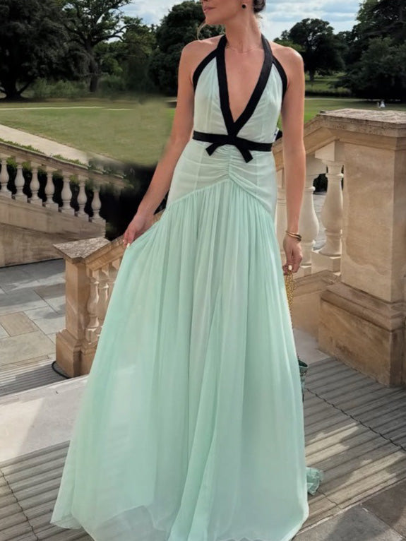 Elegantes, fließendes Chiffon-Maxikleid mit V-Ausschnitt und Schleife