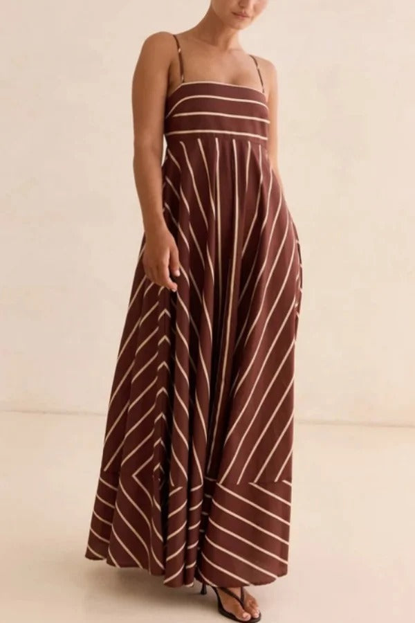 Striped Print Square Neck Spaghetti Strap High Waist Casual Maxi Dress