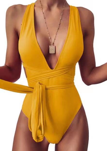 Deep V-neck Strap One-piece Swimsuit Yellow
