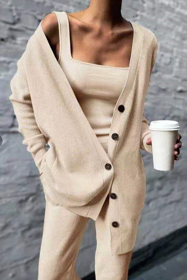 Long Sleeve Solid Color Knit Three Piece Set Beige