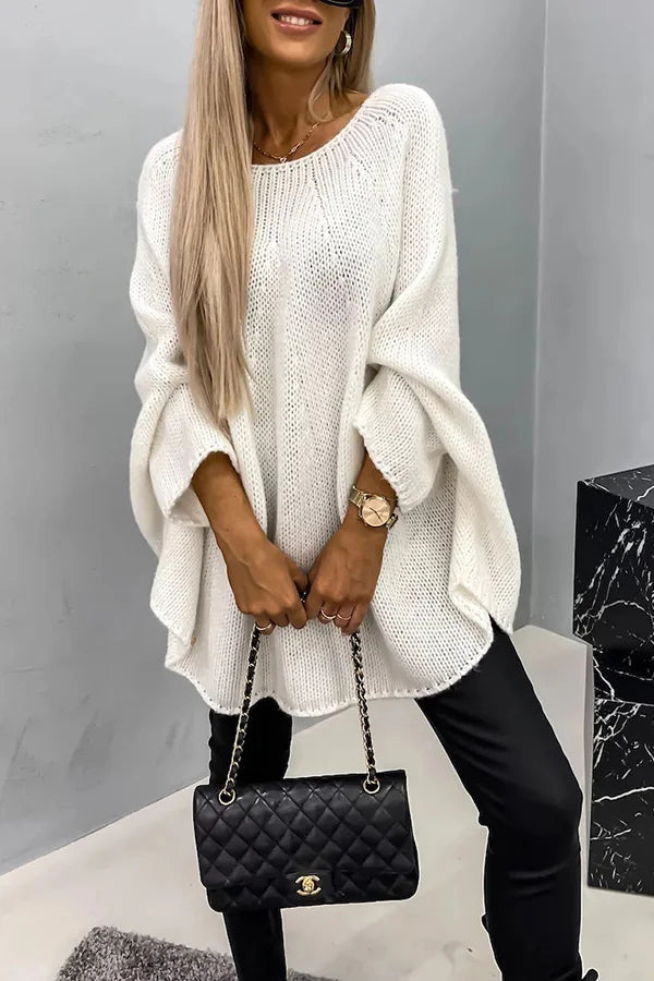 Remember Me Knit Crew Neck Poncho Loose Sweater Cream
