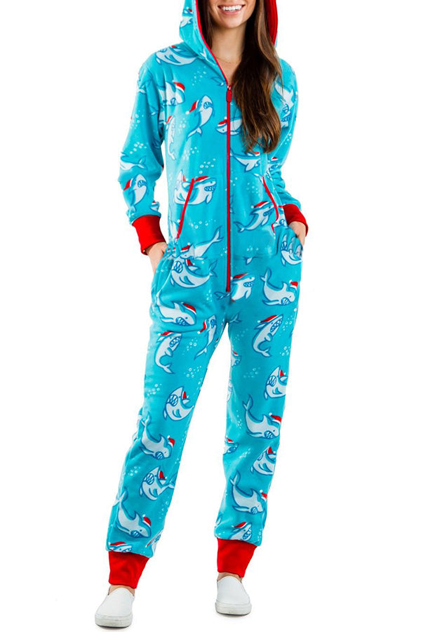 Christmas Print Zipper Pocketed Hooded Loungewear Jumpsuit 1