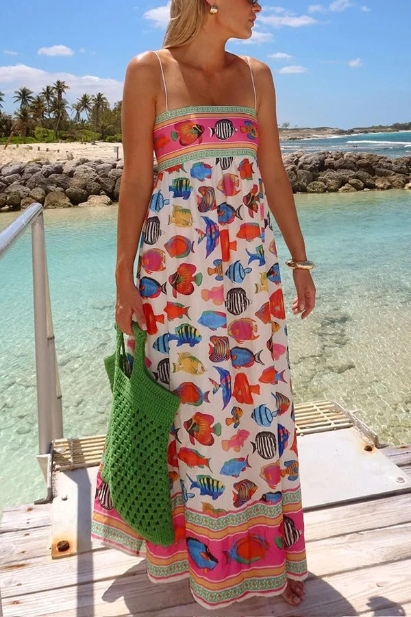 Tropical Fish Print Sling Back Pleated Holiday Maxi Dress
