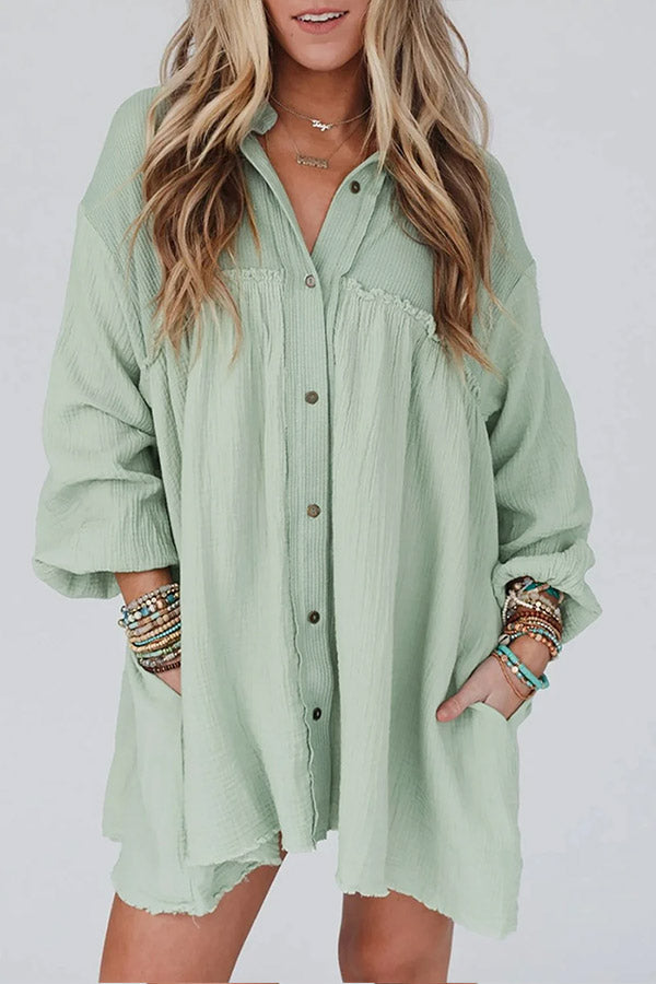 Patchwork Crinkled Puff Sleeve Raw Hem Dress Green