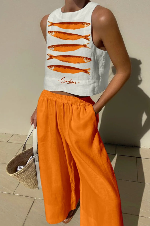 Linen Blend Unique Print Tank and Elastic Waist Pocketed Pants Set Orange