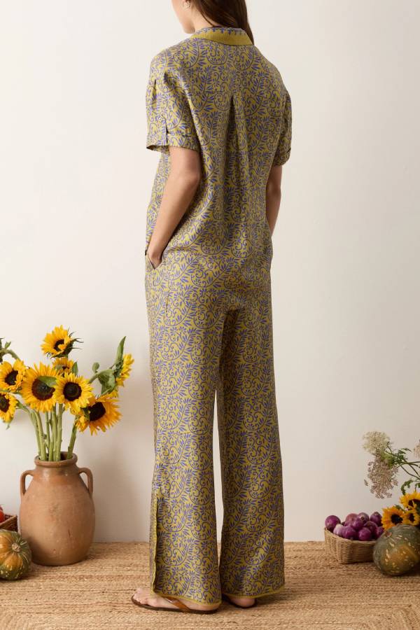 Vintage Floral Print Satin Shirt & Split Wide Leg Pants 2 Piece Vacation Set