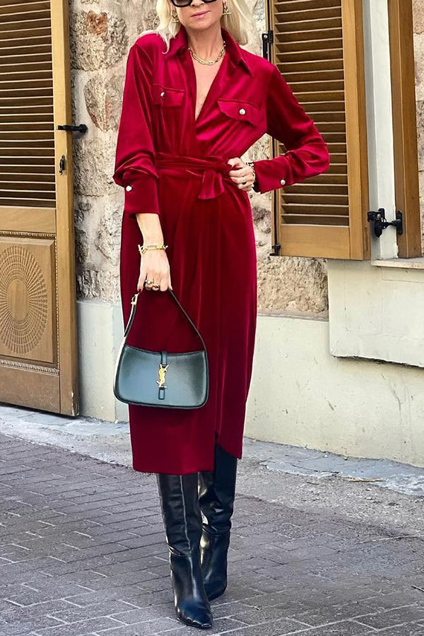 Fashionable and Versatile Shirt Collar Lace-up Long Sleeve Dress Red