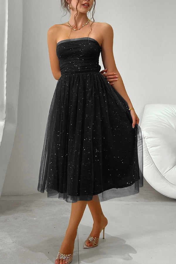 Women's Elegant High-end Tube Top High Waist Mesh Mid-length Evening Dress Black