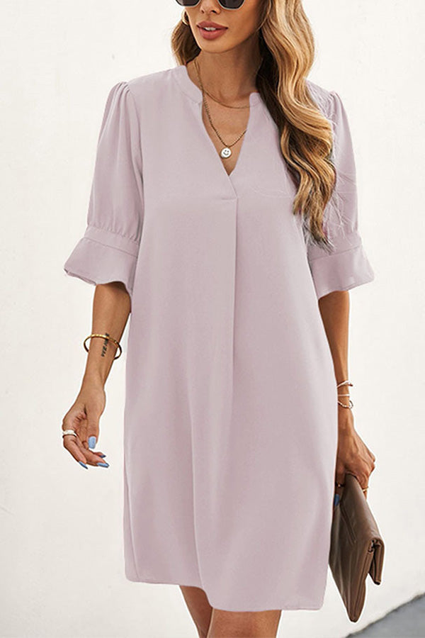 Solid Color Loose Casual V Neck Short Sleeve Knee Length Dress Purple