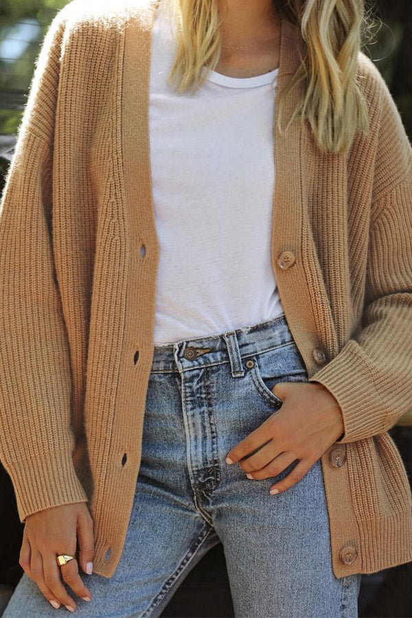 Mountain View Knit Ribbed Button Relaxed Cardigan Brown