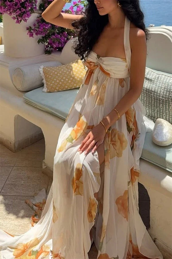 Romance and Freedom Floral Print Ruffles Halter Backless Slit Maxi Dress