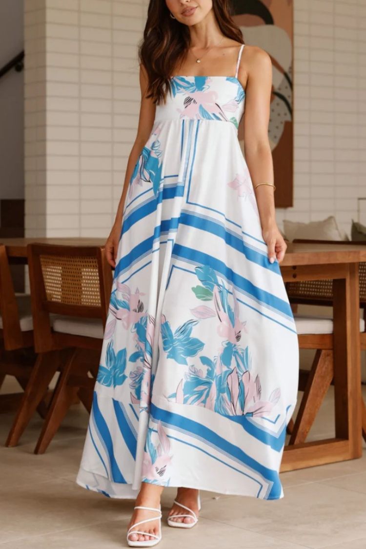 Printed Ruffle Suspender Maxi Dress Blue