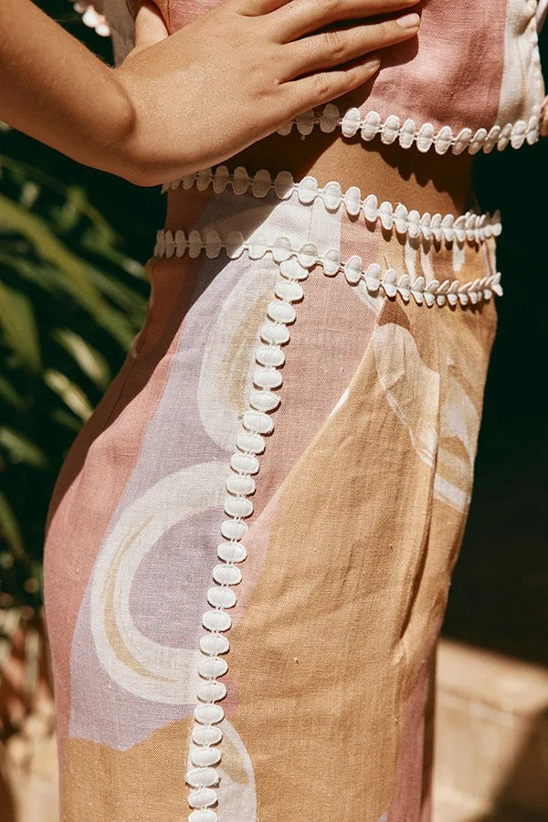 European Summer Linen Blend Ric Rac Trims High Rise Pocket Loose Pants