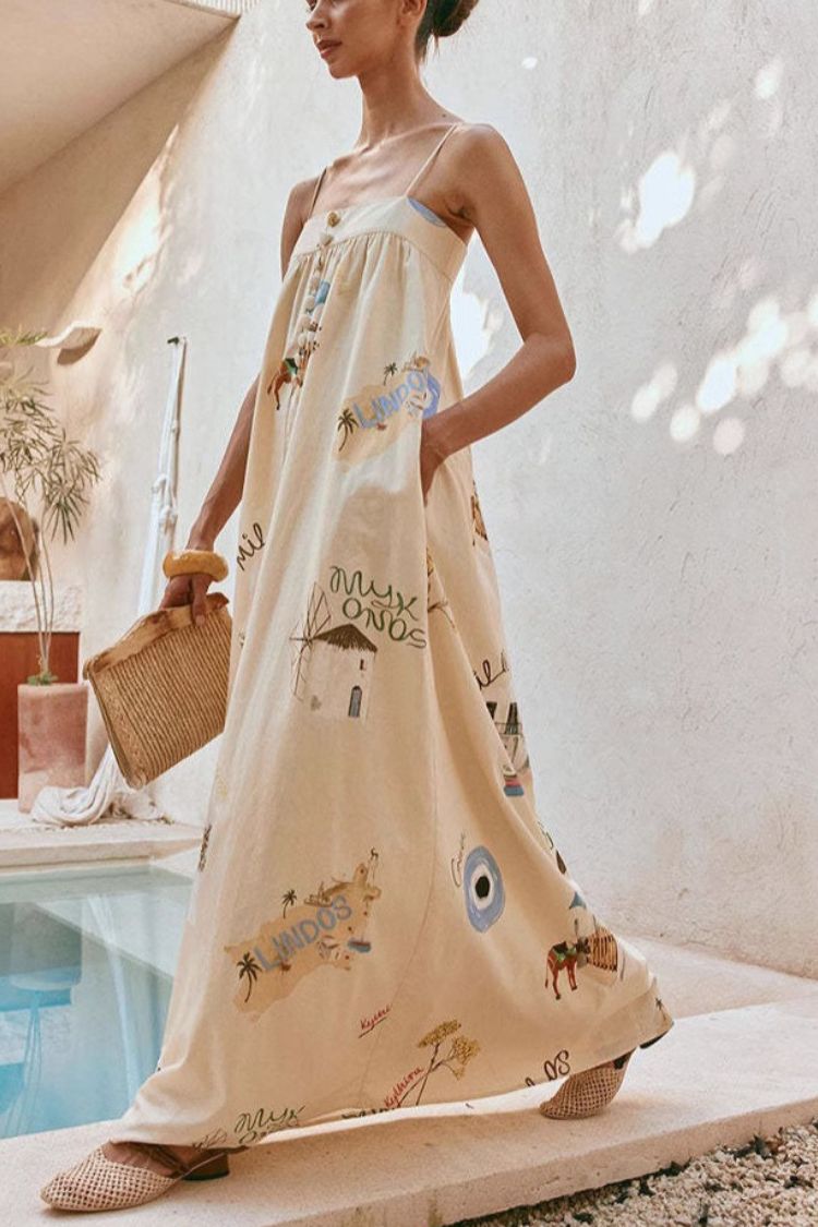 Linen Blend Sling Backless Loose Holiday Maxi Dress Beige