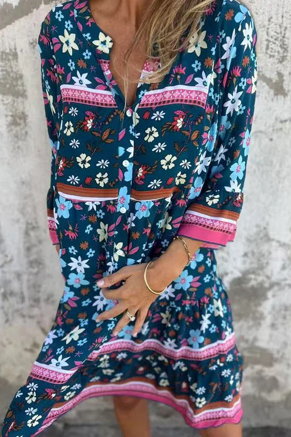 Ethnic Floral Print V-neck Loose Pocket Mini Dress Navy blue