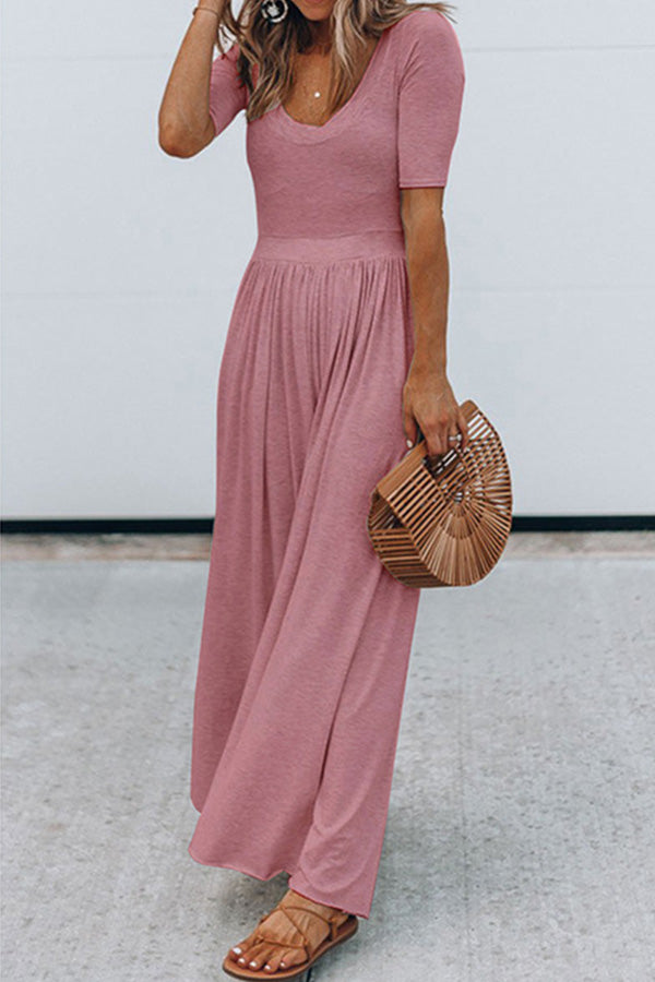 Round Neck Short Sleeve Long Jumpsuit Pink