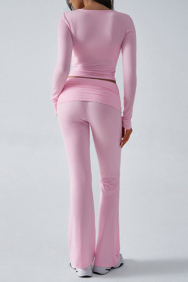 Women's Solid Color Simple Long Sleeve V-Neck Top And Trousers Knit Two-Piece Set