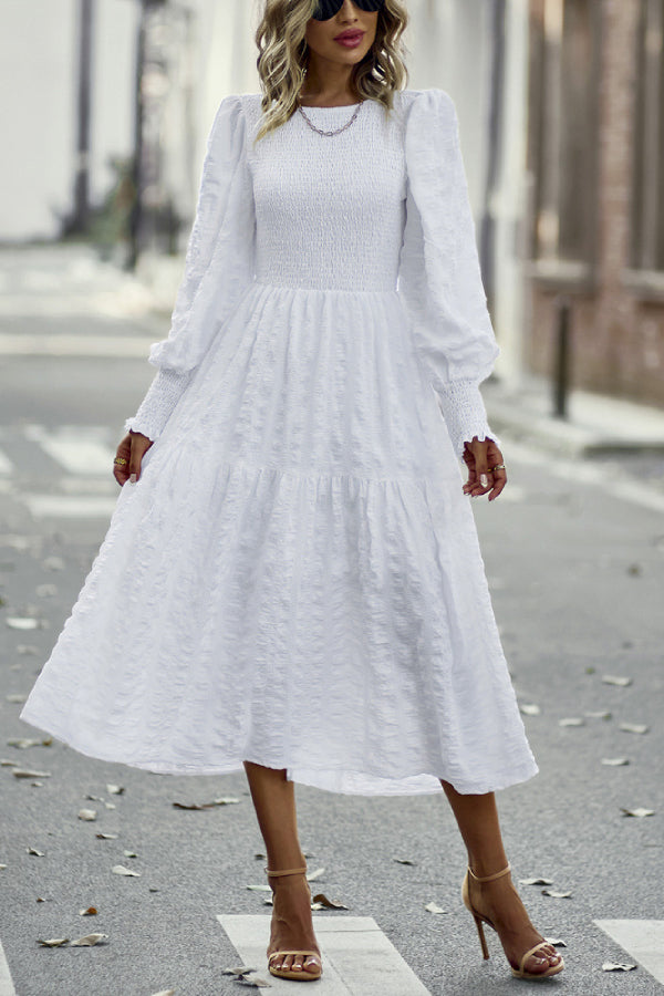 Solid Lantern Sleeve Ruffle Hem Shirred Dress