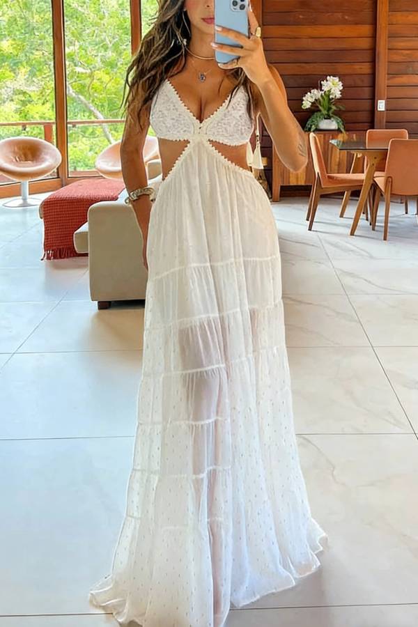Soleil Crochet Tassel Shoulder Strap Cutout Waist Chiffon Polka Dot Vacation Maxi Dress