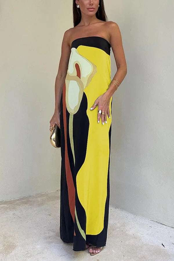 Jaime Abstract Floral Print Elasticated Off Shoulder Vacation Loose Maxi Dress Yellow