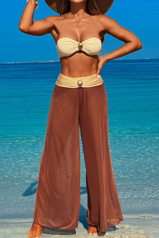 Three-piece swimsuit with button-like decorations on the chest Camel three-piece suit M
