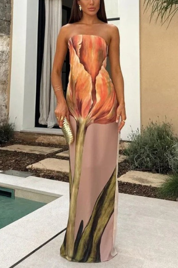 Jaime Abstract Floral Print Elasticated Off Shoulder Vacation Loose Maxi Dress Orange