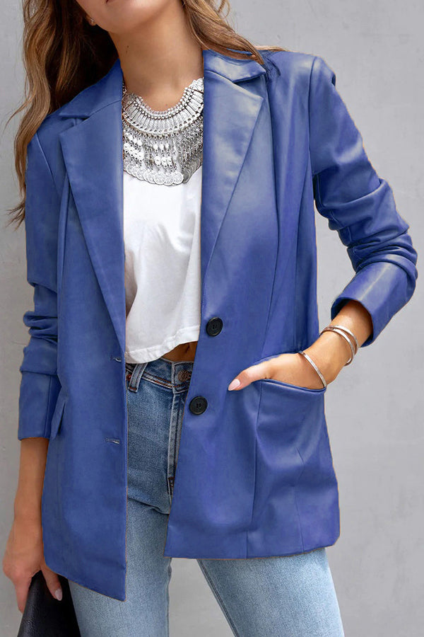 FASHION AFFAIRS POCKETED FAUX LEATHER BLAZER Navy blue