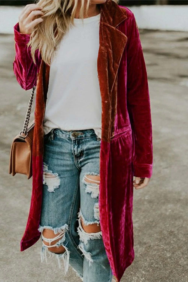 Casual Velvet Lapel Pocket Long Coat Red