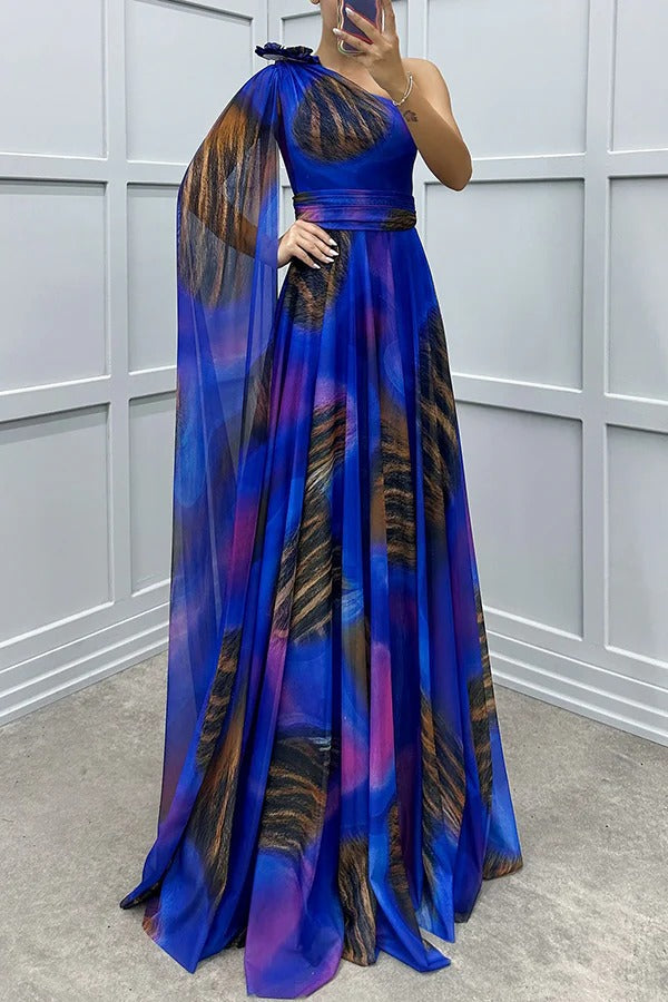 Lucia Unique Print Floral Detail One Shoulder Draped Sleeve Gown Maxi Dress Navy blue