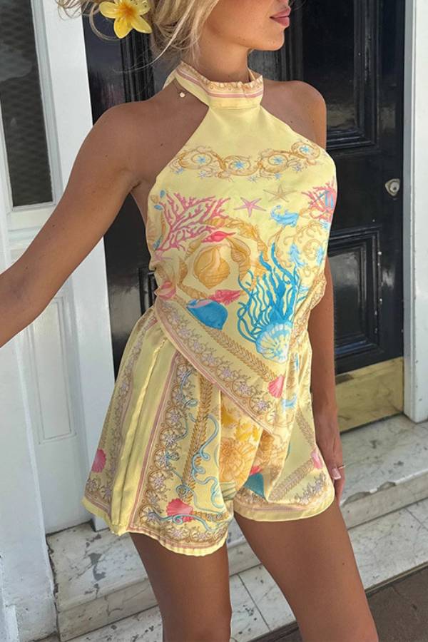 Marine Life Print Halter Bandana Top & Shorts Two-Piece Set