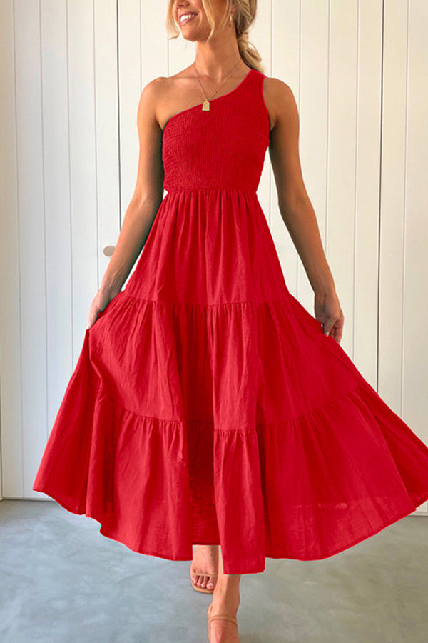One Shoulder Sleeveless Smocked Ruffle Tiered Maxi Dress Red