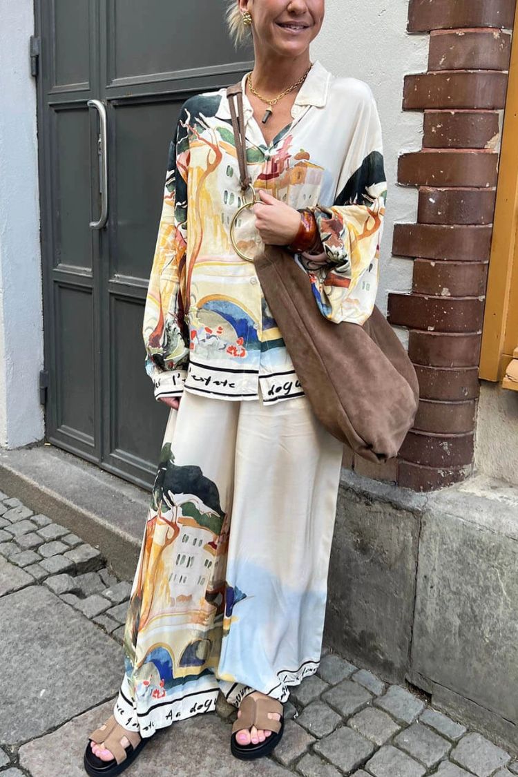 Ellison Unique Print Elastic Waist Pocketed Wide Leg Pants