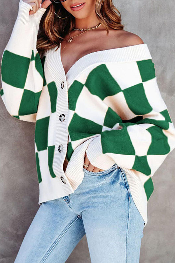 Casual loose checkerboard contrasting V-neck buttoned long-sleeved knitted cardigan Green