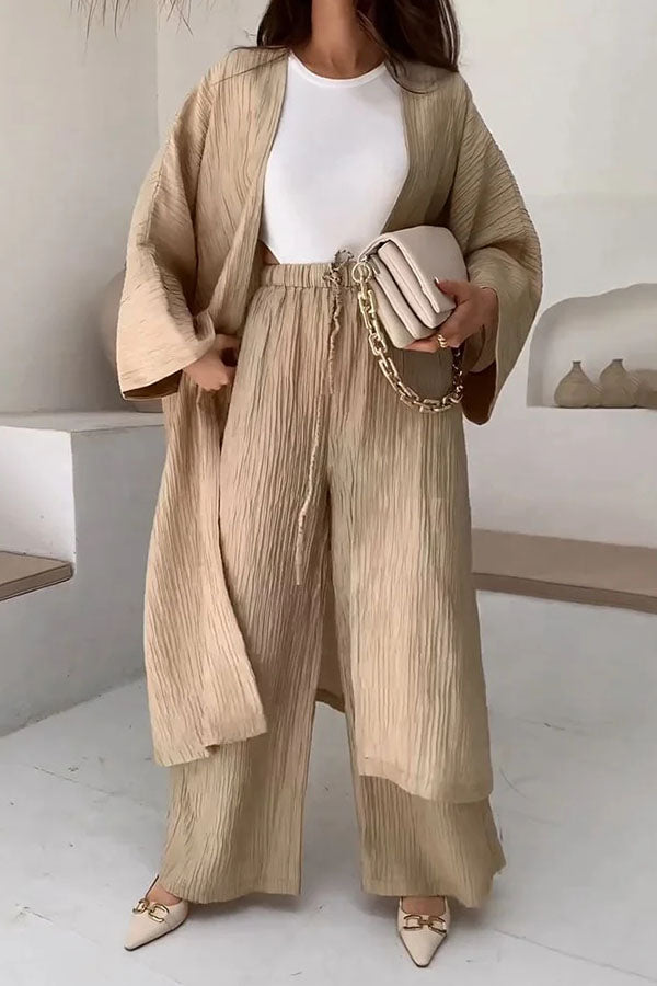Fashion Long Slit Cardigan Casual Two-Piece Set Khaki