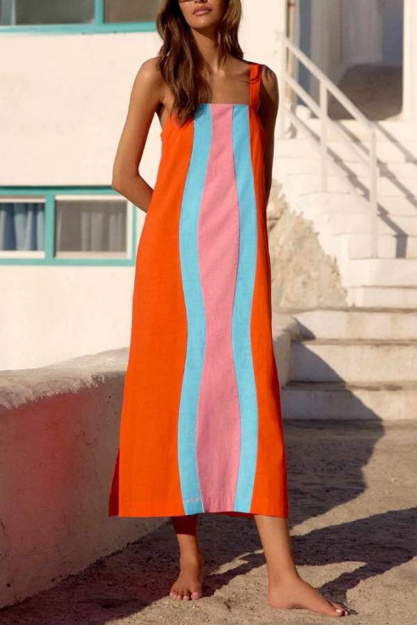 Color Block Striped Linen Blend Slip Maxi Dress