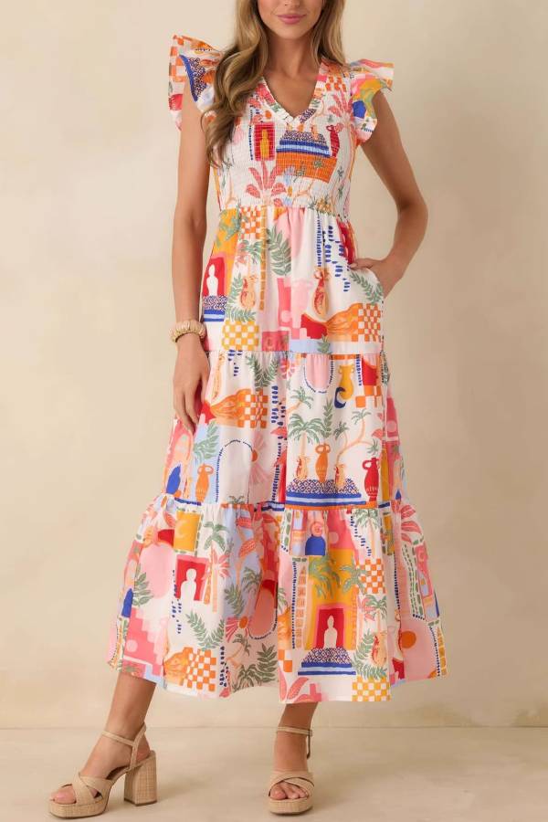 Colorful Print V-Neck Flutter Sleeve Smocked Waist Tiered Maxi Dress
