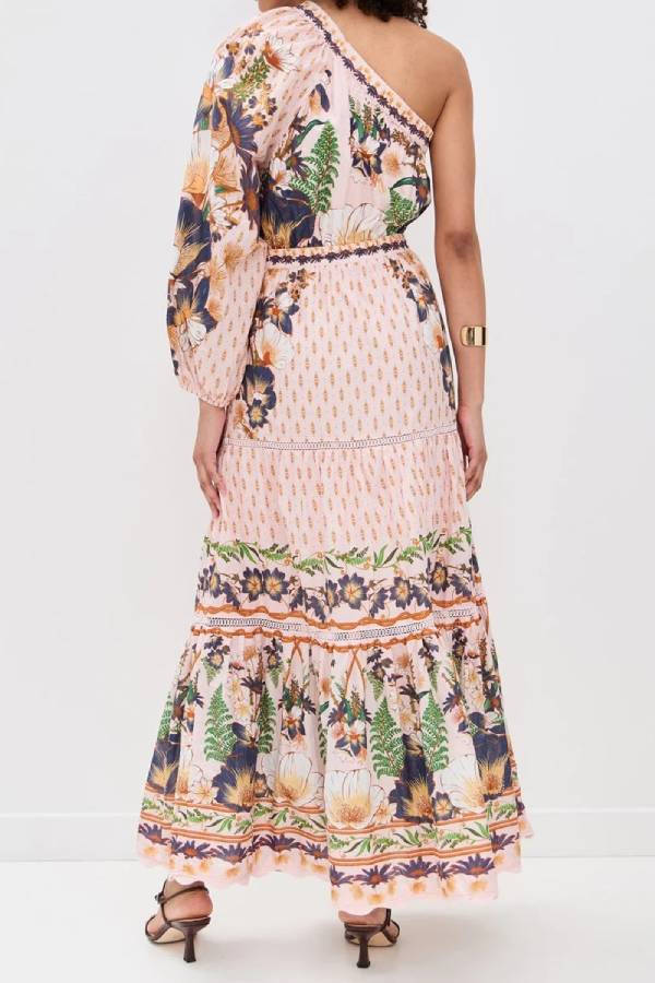 Dream Garden Unique Print One Shoulder Elastic Waist Pocket Maxi Dress